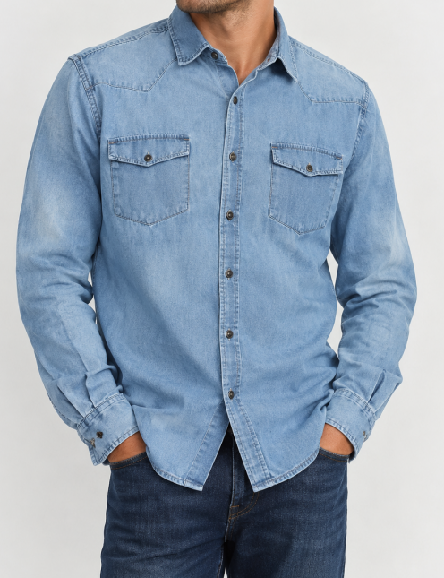 Camisa denim U.S. Grand Polo azul claro con bolsillos – Talla XXL