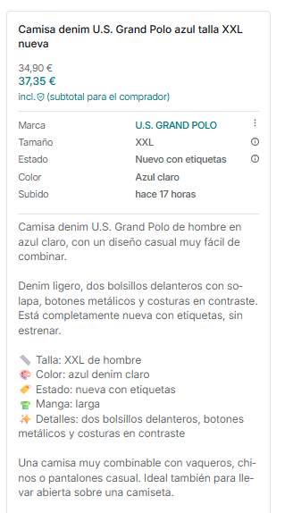 Camisa denim U.S. Grand Polo azul claro con bolsillos – Talla XXL