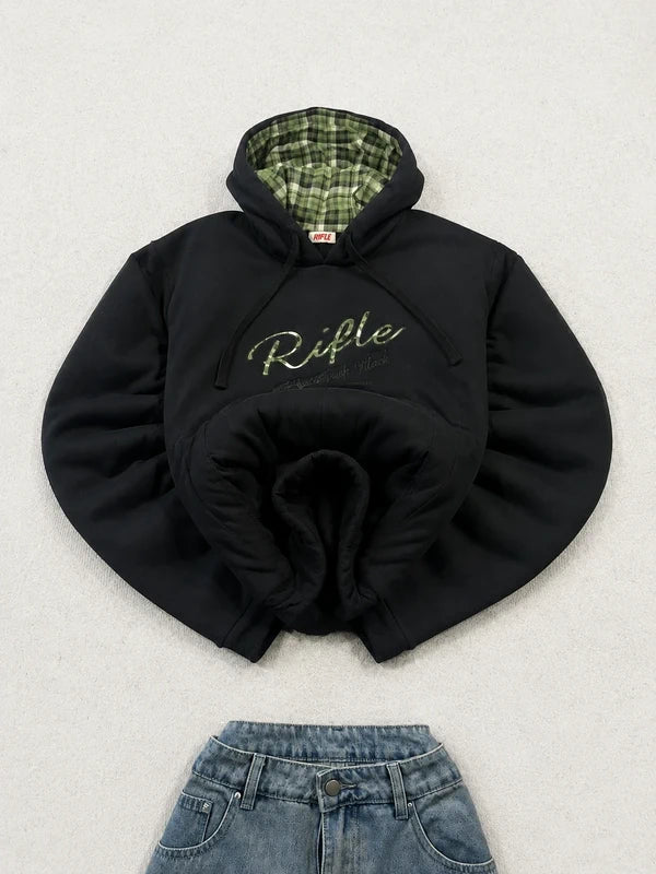 Sudadera con capucha Rifle negra con forro de cuadros verdes – Talla M