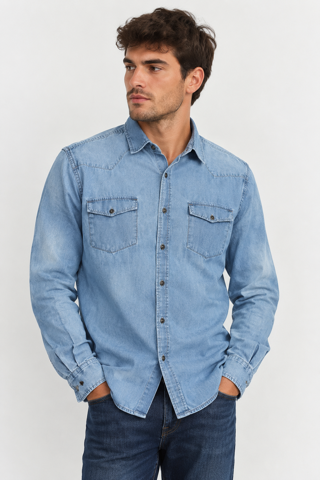 Camisa denim U.S. Grand Polo azul claro con bolsillos – Talla XXL