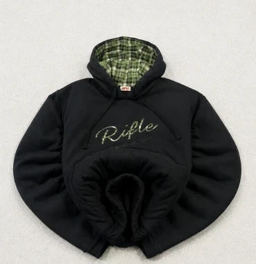 Sudadera con capucha Rifle negra con forro de cuadros verdes – Talla M
